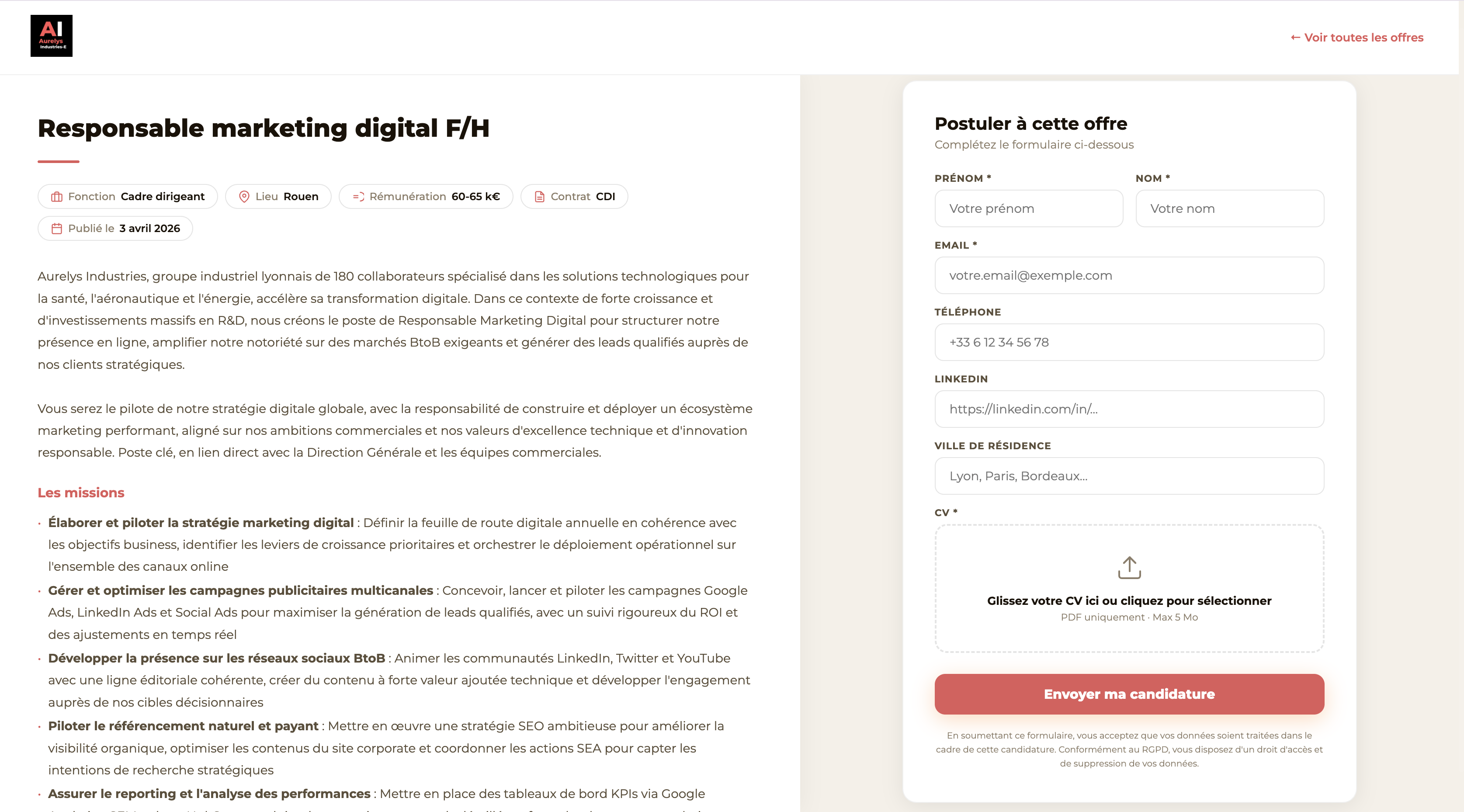 Page carrière — détail offre et candidature